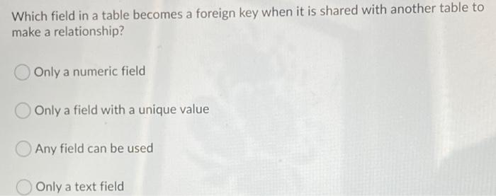 Solved Which field in a table becomes a foreign key when it | Chegg.com