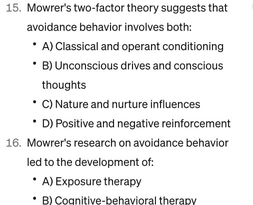 Solved Mowrer's two-factor theory suggests that avoidance | Chegg.com