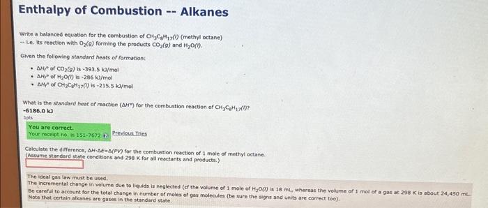 Solved Enthalpy Of Combustion Alkanes Write A Balanced