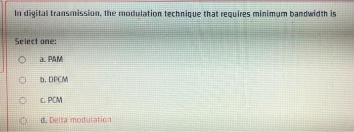 Solved In digital transmission, the modulation technique | Chegg.com