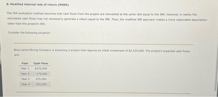 Solved 8. Modified internal rate of return (MIRR) The IRR | Chegg.com