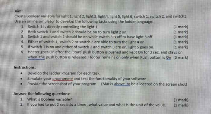 Solved Aim: Create Boolean variable for light 1, light 2, | Chegg.com