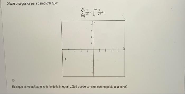 Dibuje una gráfica para demostrar que: \[ \sum_{n=1}^{\infty} \frac{1}{n^{2}}<\int_{1}^{\infty} \frac{1}{x^{2}} d x \] Expliq