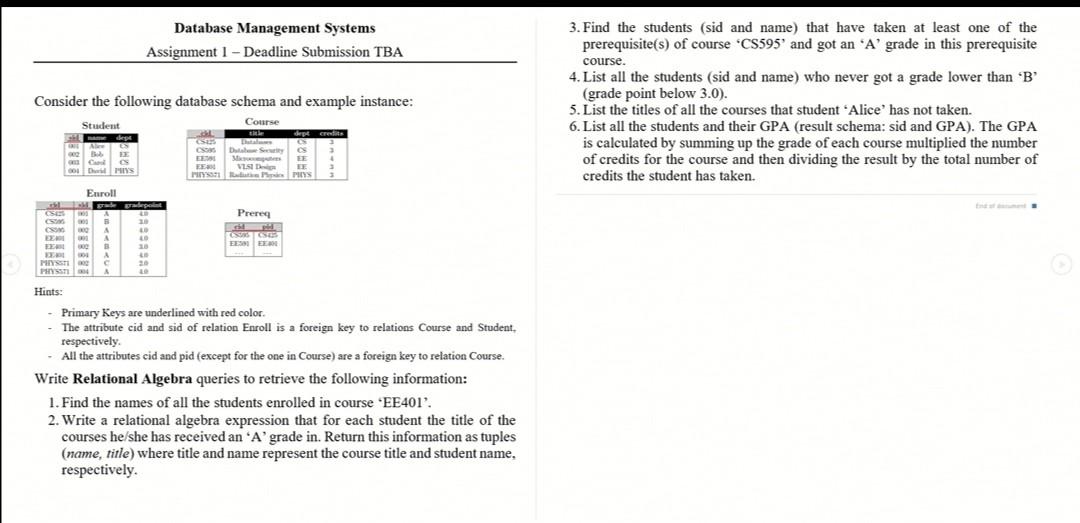 Solved Database Management Systems Assignment 1 - Deadline | Chegg.com