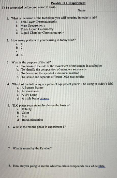 Solved Pre-lab TLC Experiment To be completed before you | Chegg.com