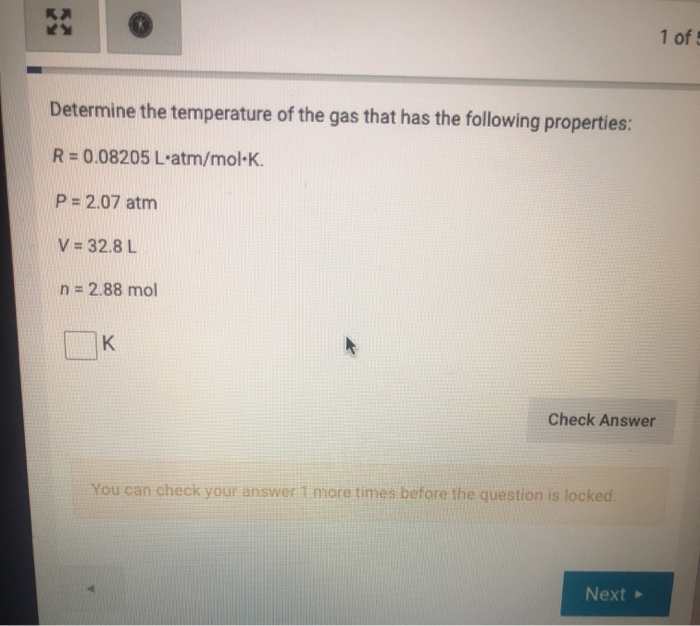 Solved 1 of Determine the temperature of the gas that has | Chegg.com