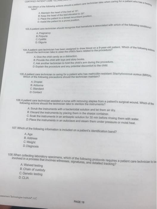 CERTIFIED PATIENT CARE 102. Which of the following action should not care techning for a parent who has Rubio A Maintain the