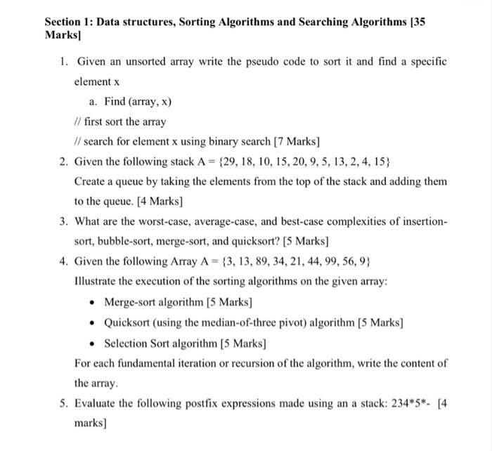 Solved Section 1: Data Structures, Sorting Algorithms And | Chegg.com