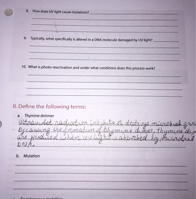 Solved 8. How does UV light cause mutations? 9. Typically, | Chegg.com