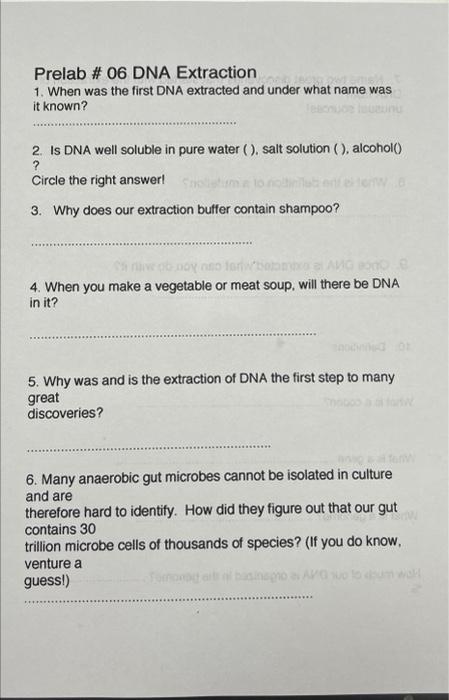 Solved Prelab # 06 DNA Extraction 1. When was the first DNA | Chegg.com