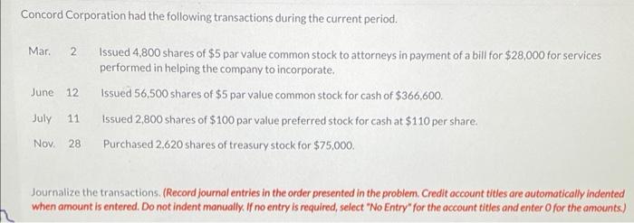 Solved Concord Corporation had the following transactions | Chegg.com