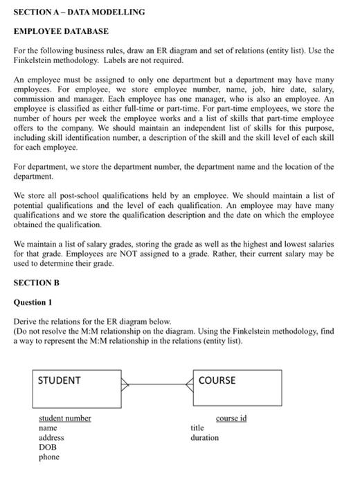 Solved SECTION A-DATA MODELLING EMPLOYEE DATABASE For the | Chegg.com