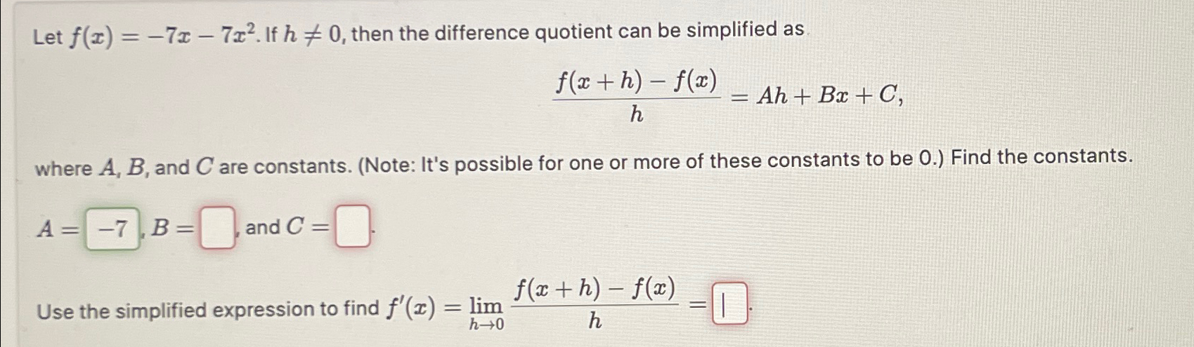 Solved Let F X 7x 7x2 ﻿if H≠0 ﻿then The Difference