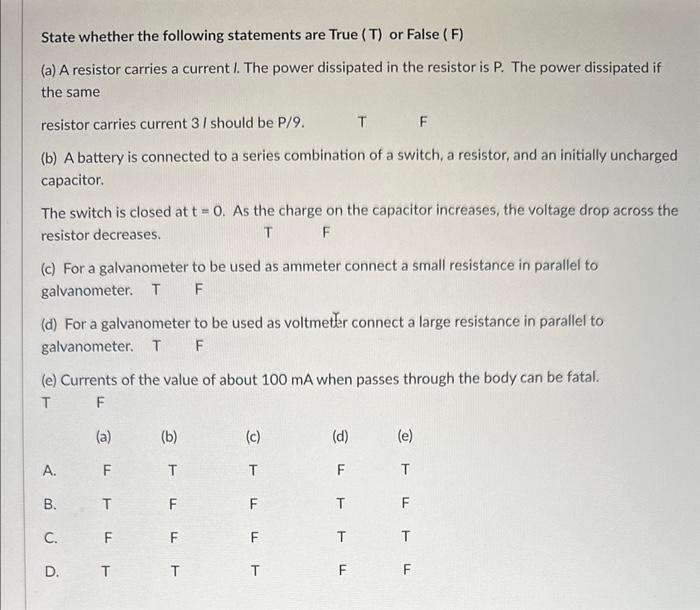 Solved State whether the following statements are True ( T ) | Chegg.com