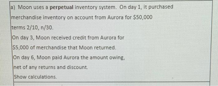 Solved a) Moon uses a perpetual inventory system. On day 1, | Chegg.com