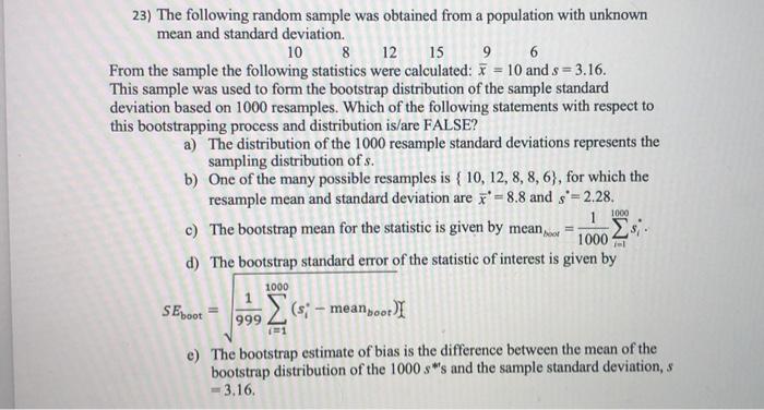 Solved 23) The following random sample was obtained from a | Chegg.com