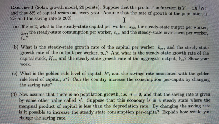 Solved Exercise 1 (Solow growth model, 20 points). Suppose | Chegg.com