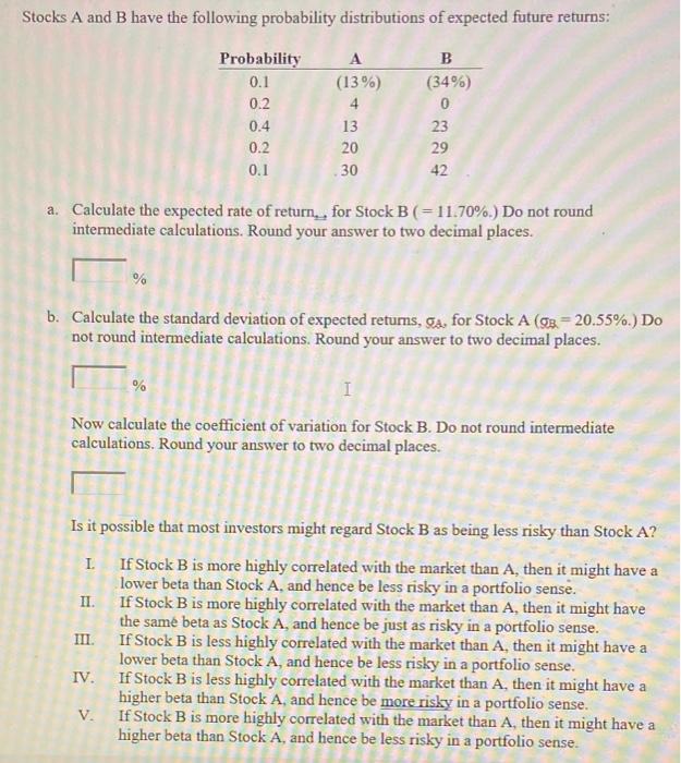 Solved Stocks A And B Have The Following Probability | Chegg.com