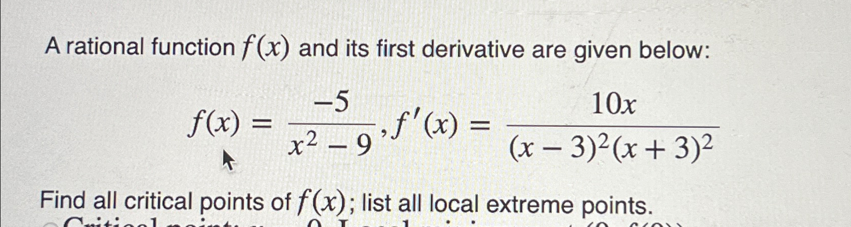 Solved A rational function f(x) ﻿and its first derivative | Chegg.com