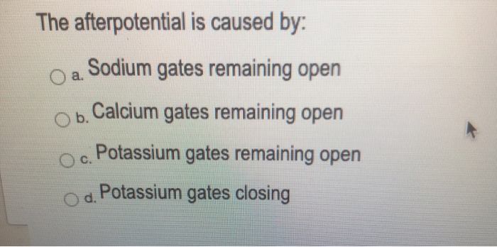 Solved The afterpotential is caused by: а. Sodium gates | Chegg.com