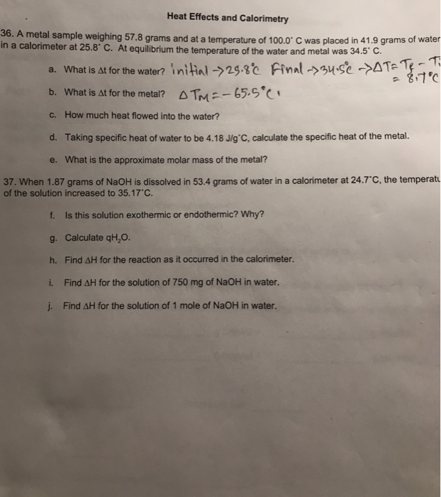 Solved Heat Effects and Calorimetry 36. A metal sample