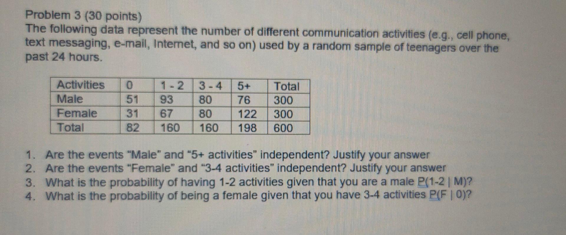 Solved Problem 3 (30 Points) The Following Data Represent | Chegg.com