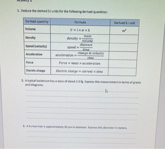 Solved 1. Deduce the derived S.I units for the following Chegg