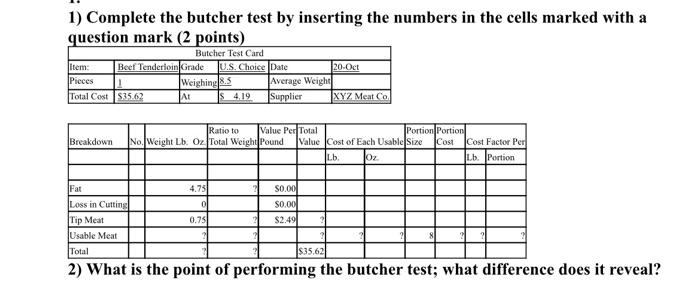 1) Complete the butcher test by inserting the numbers in the cells marked with a question mark ( 2 points)
2) What is the poi