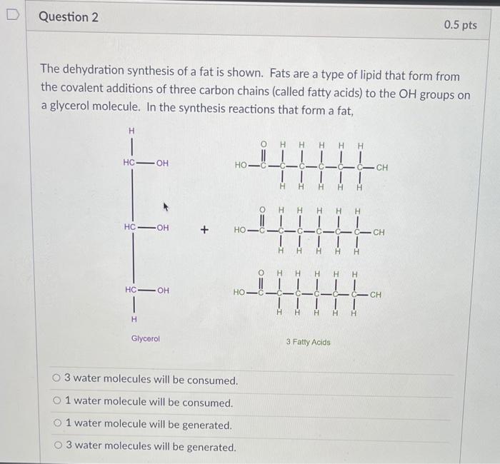 Solved Question 2 0.5 pts The dehydration synthesis of a fat