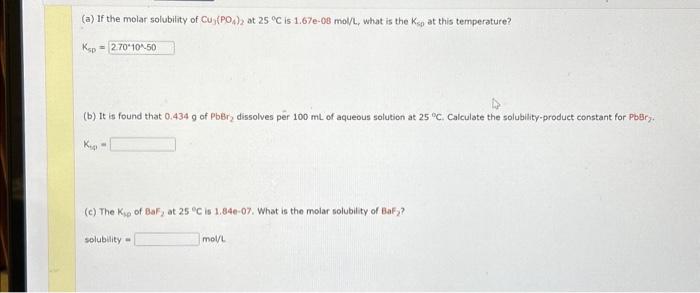 Solved (a) If the molar solubility of Cu3(PO4)2 at 25∘C is | Chegg.com