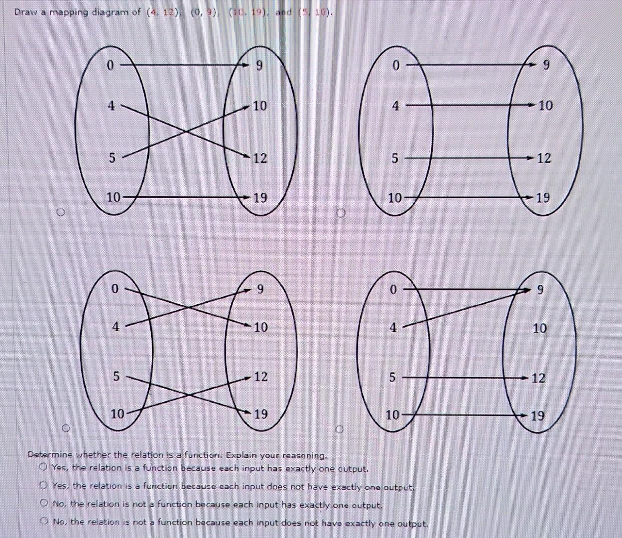 Solved Draw a mapping diagram of (4,12) (0,9),(20,19), and | Chegg.com
