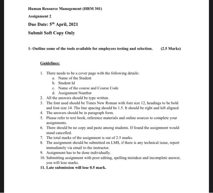 Solved Human Resource Management (HRM 301) Assignment 2 Due | Chegg.com