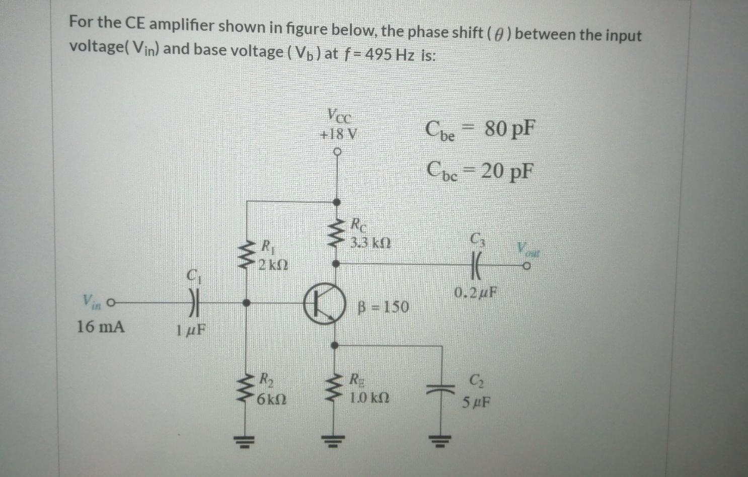 Solved For the CE amplifier shown in figure below, the phase | Chegg.com