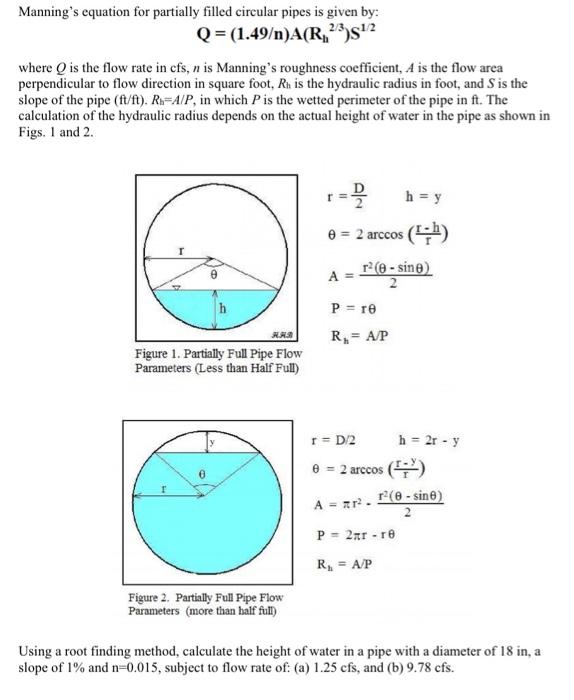 Solved Manning's equation for partially filled circular | Chegg.com