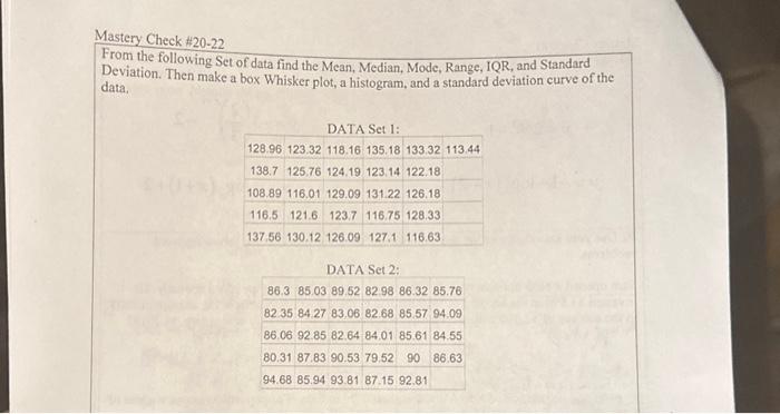 Solved Mastery Check #20−22 From the following Set of data | Chegg.com