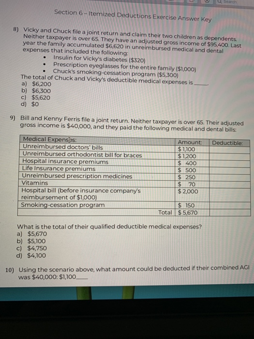 Solved Section 6 - Itemized Deductions Exercise Answer Key | Chegg.com