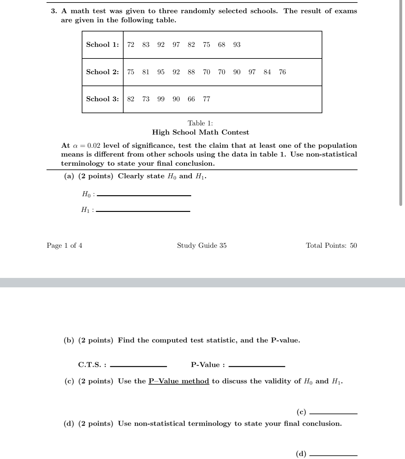 Solved A math test was given to three randomly selected | Chegg.com