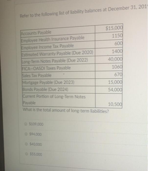 Solved Refer to the following list of liability balances at