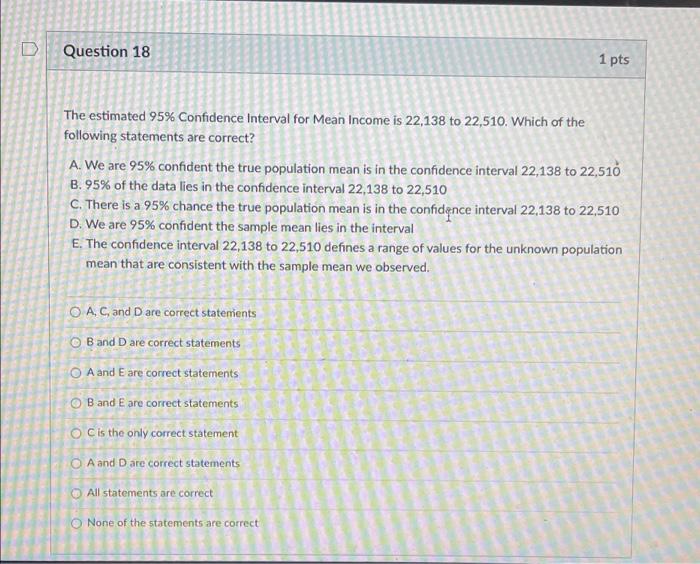 Solved D Question 18 1 pts The estimated 95% Confidence | Chegg.com