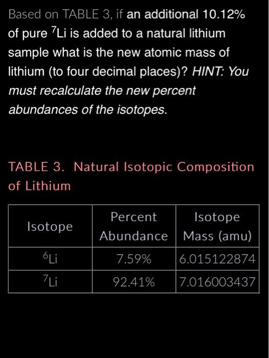 Solved Based on TABLE 3, if an additional 10.12% of pure 7Li | Chegg.com