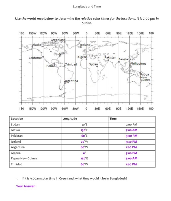 Solved Longitude And Time Use The World Map Below To 