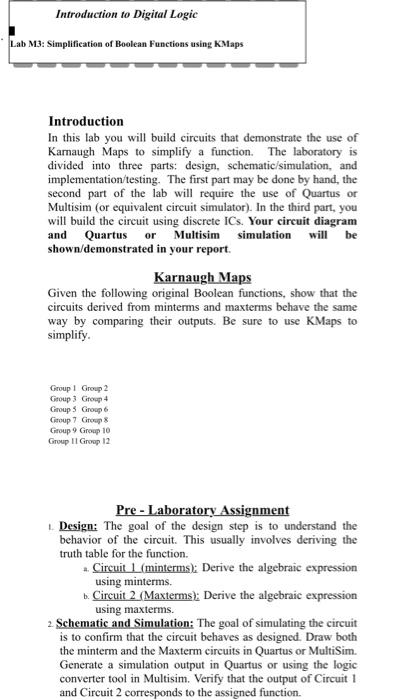 Solved Introduction To Digital Logic Lab M3: Simplification | Chegg.com