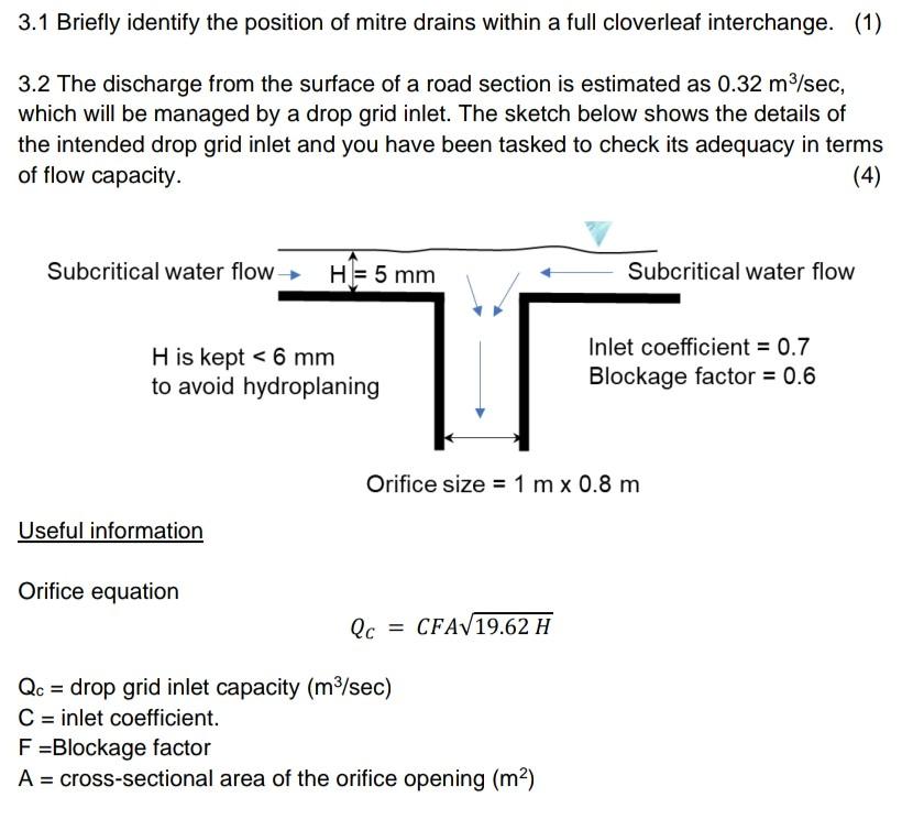 Solved 3.1 Briefly identify the position of mitre drains | Chegg.com