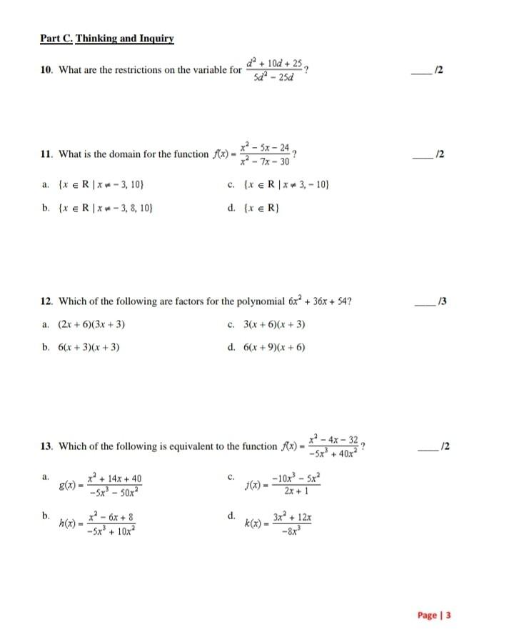 Solved Part C. Thinking and Inquiry 10. What are the | Chegg.com