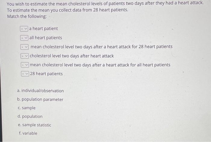 You wish to estimate the mean cholesterol levels of patients two days after they had a heart attack. To estimate the mean you