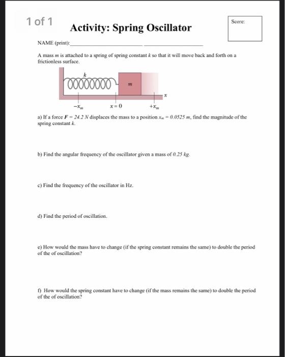 Solved Score 1 of 1 Activity: Spring Oscillator NAME (print) | Chegg.com