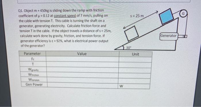 Solved S=25 m Generator Q1. Object m = 450kg is sliding down | Chegg.com