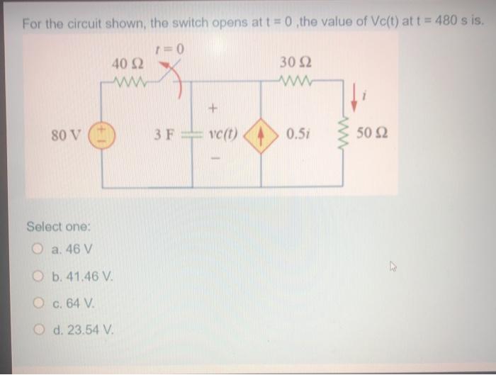 Solved For the circuit shown, the switch opens at t = 0 ,the | Chegg.com