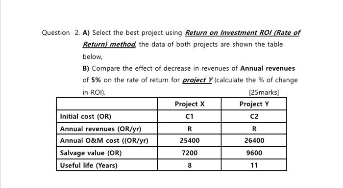 Solved Question 2. A) Select the best project using Return | Chegg.com