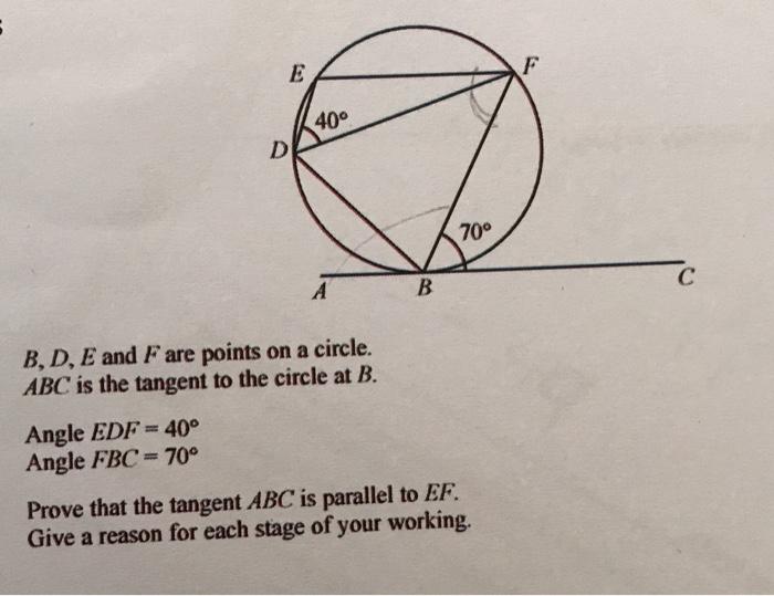 Solved E 40° D 70° с А B B, D, E and F are points on a | Chegg.com